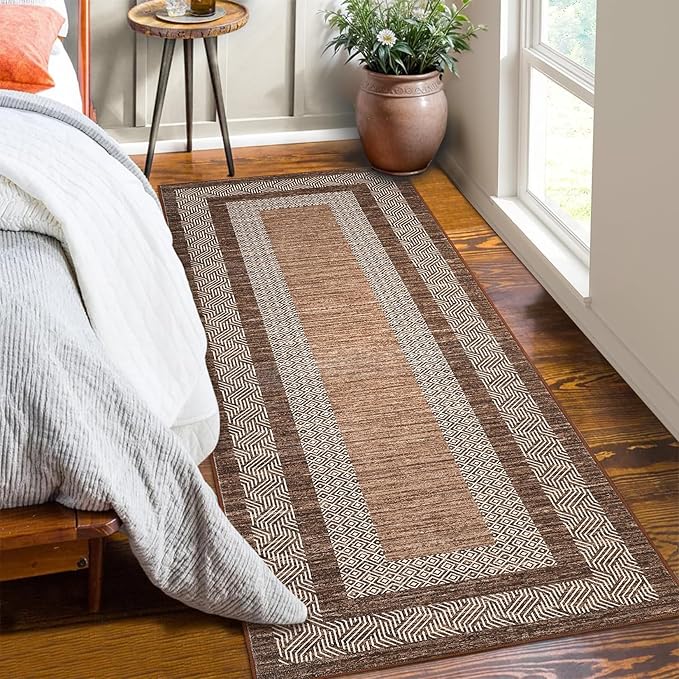 Washable 2.5x10 Kitchen Runner Rug, Easy Clean Geometri Rugs for Hallway Entryway, Indoor Outdoor Non Slip Rug Farmhouse Morden Carpet Door Mat Area Rug for Laundry Room Dark Brown
