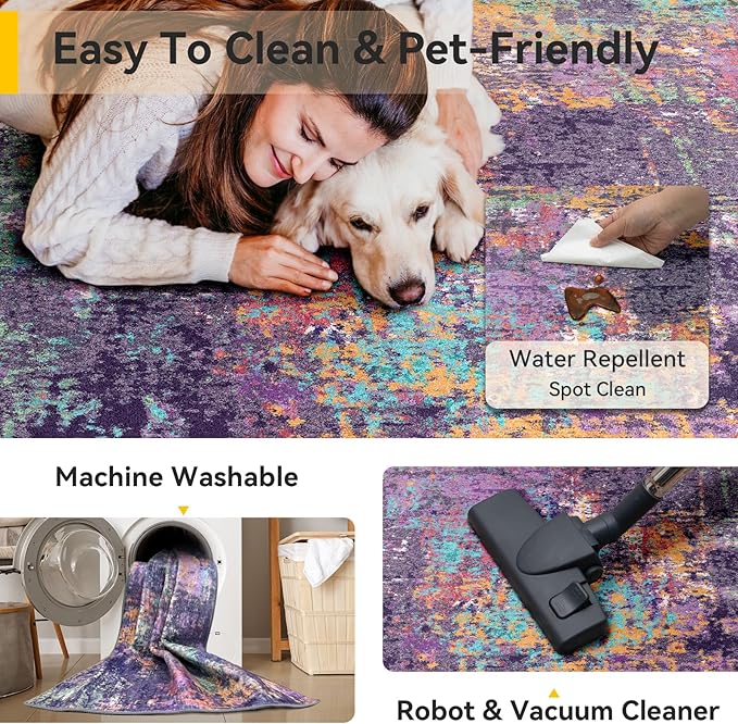 Washable Area Rugs 5'x8' Non-Slip Modern Abstract Soft for Living Room Entryway Bedroom Nursery, Print Pattern, Purple Orange Blue Green Rust Red Colorful