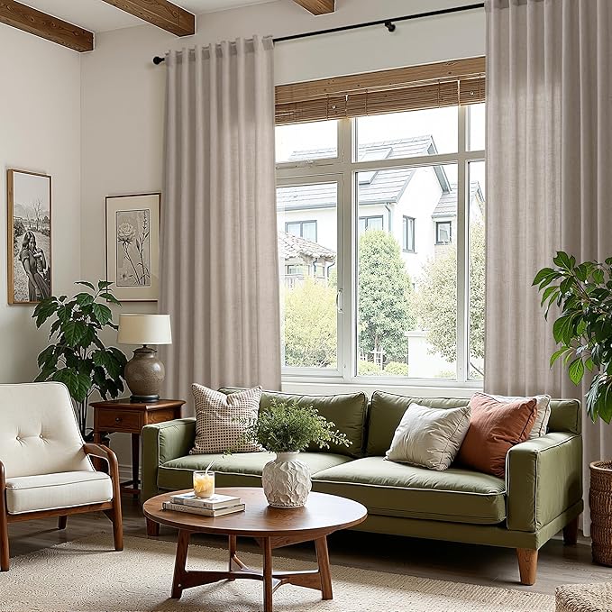 Nanspring Stone Beige Linen Curtains for Living Room 72 Inches Long Luxury Light Filtering Semi Sheer Curtain Back Tab Simple Modern Elegant Farmhouse Decor Drapes for Bedroom Office 52x72, 2 Panels
