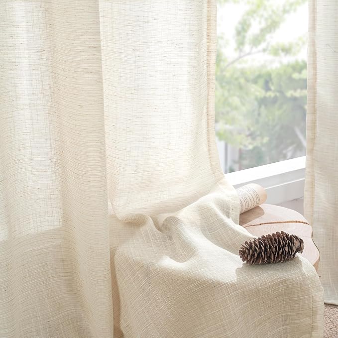 BGment Beige Semi Sheer Linen Curtains 45 Inch Length for Short Kitchen Window - Cream Textured Drapes Light Filtering with Rod Pocket Lightweight for Bathroom, 2 Panels, Each Panel 42 Inch Wide