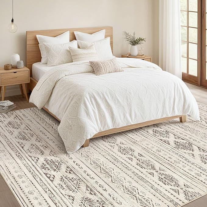 Nakagishi 5x8 Area Rug Living Room: Washable Boho Large Neutral Soft Farmhouse Rugs Stain Resistant Modern Indoor Floor Non-Slip Carpet for Bedroom Nursery Kids Office Dining Room Dorm - Dark Brown
