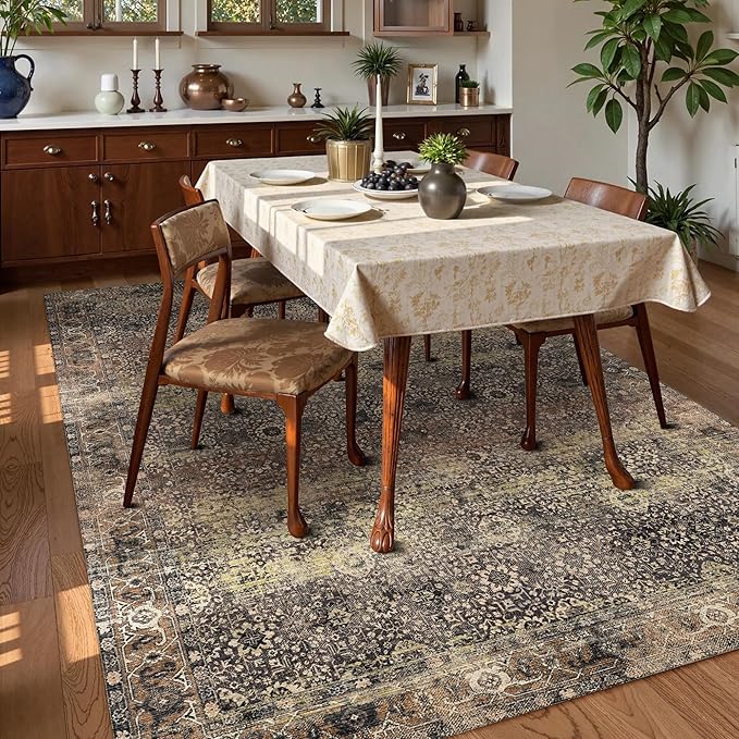 Washable Area Rug 5' x 7' Vintage Traditional Persian Mat - Foldable Distressed Non-Slip Machine Washable Carpet for Living Room Bedroom Kitchen Home Decor - Umber and Slate