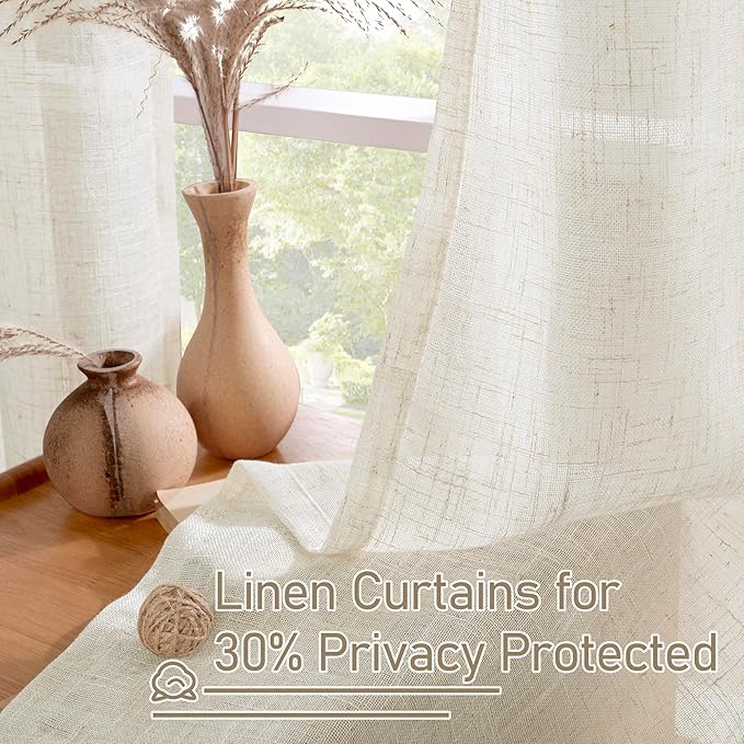 LAMIT 48 Inch Length Short Linen Curtains 2 Panels, Cream Ivory Light Filtering Panels Bronze Grommet Semi Sheer Drapes for Kitchen/Small Windows/Cafe, 34 x 48 Inch