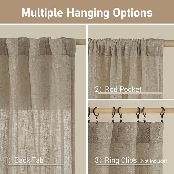 LAMIT Taupe Linen Curtains 45 Inch Length 2 Panels, Light Filtering Panels Back Tab and Rod Pocket Country Decor Drapes for Kitchen/Window/Loft Room/Bedroom, 34 x 45 Inch