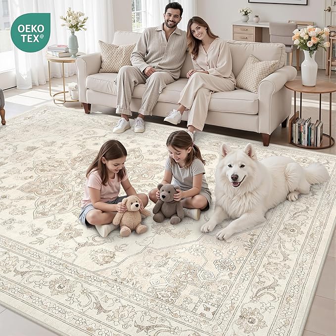 6x9 Area Rugs for Living Room: Vintage Boho Neutral Washable Rug Indoor Soft Large Area Rug Carpet for Bedroom Nursery Farmhouse Dining Room Office Floor Non-Slip Low Pile Under Table Rug Beige White