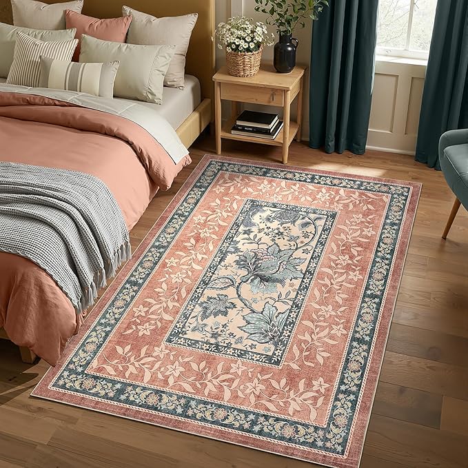 GarveeHome Terracotta Teal Washable 5x7 Area Rugs, Botanical Grove Vintage Cottage core Non-Slip Rug for Bedroom Living Room Nursery Kitchen Low-Pile Retro Carpet