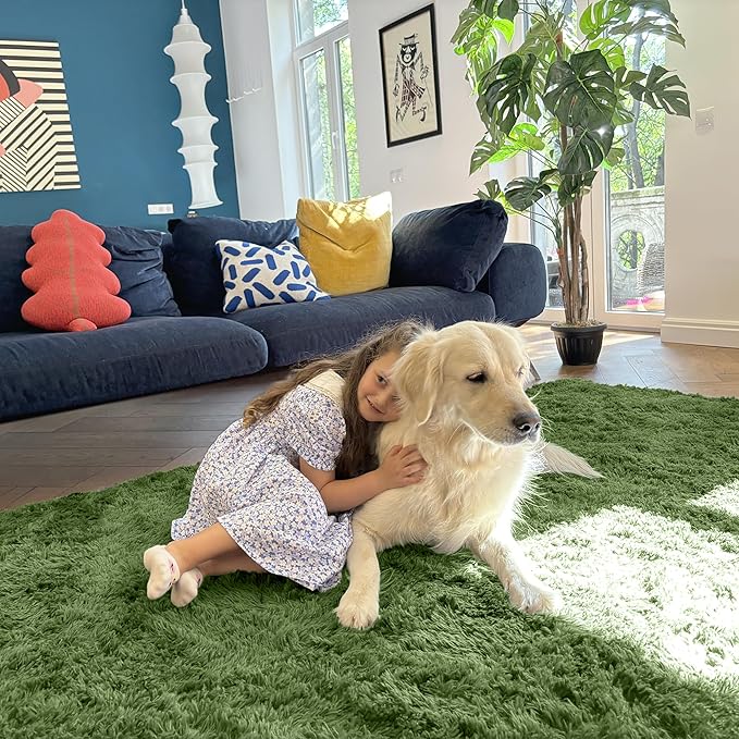 OLANLY 9x12 Machine Washable Large Area Rugs for Living Room, Bedroom, Soft Fluffy Shaggy Bedside Rug, Indoor Floor Carpet for Kids Girls and Boys, Dorms, Nursery, Home Decor Aesthetic, Green