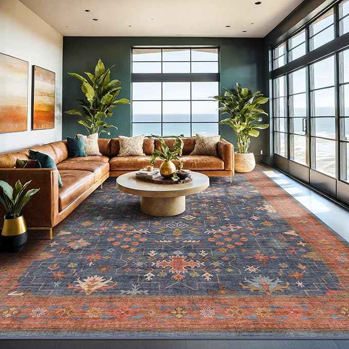 Boho Navy Blue 10x12 Area Rug for Living Room, Extra Large Dining Room Rugs for Under Table, Soft Low Pile Carpet for Bedroom - Vintage Floral Rug, Non-Slip, Lightweight & Stain Resistance