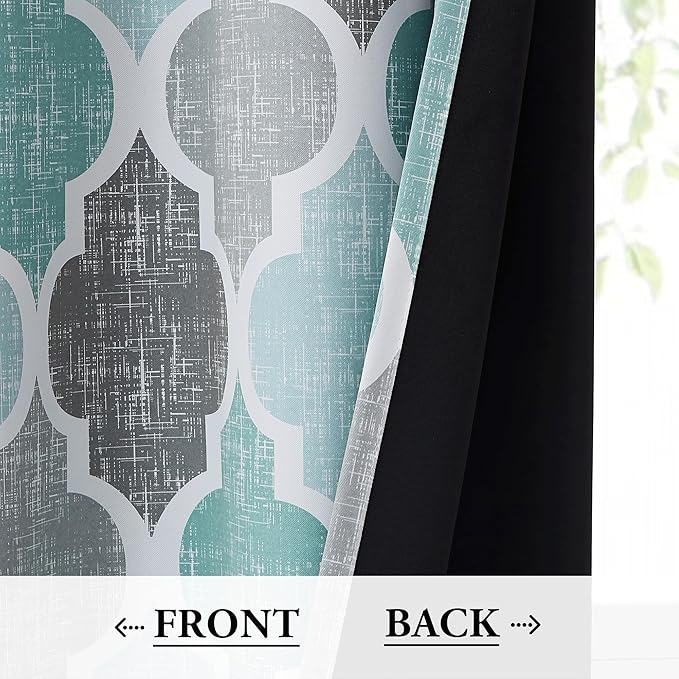 Beauoop 100% Blackout Curtains 84 Inches Long 2 Panels for Bedroom Living Room Aqua Grey Moroccan Geo Room Darkening Thermal Insulated Soundproof Rod Pocket Back Tab Window Treatments Drapes, 50x84
