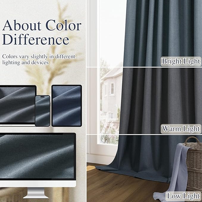 Guken Vintage Blue 100% Blackout Linen Curtains 72 Inch Length 2 Panels Set for Living Room Bedroom Back Tab/Rod Pocket Thermal Insulated Black Out Drapes Room Darkening Window Curtains