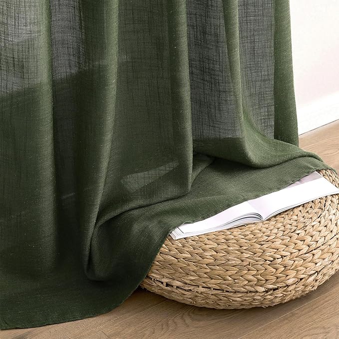 MIULEE Olive Green Linen Curtains 108 Inches Long for Bedroom Living Room, Soft Thick Linen Textured Window Drapes Semi Sheer Light Filtering Back Tab Rod Pocket Christmas Decor, 2 Panels