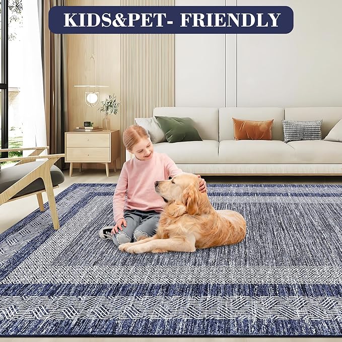 GarveeHome 8x10 Large Washable Area Rug Modern Bordered Rug Distressed Geometric Floor Carpet, Soft Non Slip Rug, Low Pile Non Shedding Rug, Indoor Blue Rug for Bedroom, Living Room