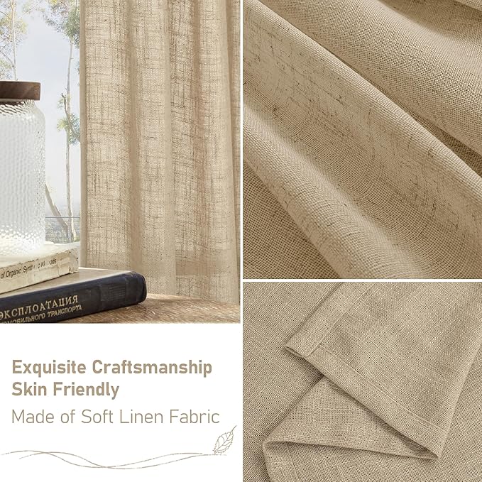 LAMIT Brown Linen Curtains for Bedroom, 72 Inch Length Light Filtering Semi Sheer Panels Back Tab and Rod Pocket Neutral Drapes for Living Room, 2 Panels, 34 x 72 Inch