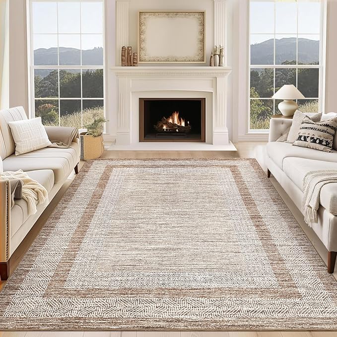 GarveeHome 9x12 Large Modern Brown Area Rug Distressed Bordered Rug Soft Non Shedding Floor Carpet, Geometric Rug, Washable Non Slip Rug, Low Pile Indoor Area Rug for Living Room, Bedroom