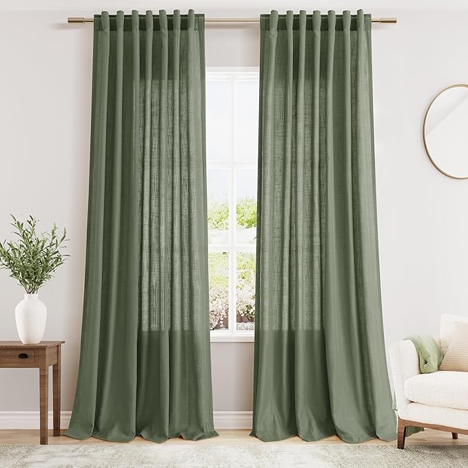 Nanspring Olive Green Linen Curtains for Living Room 2 Panels Set 105 Inch Length Back Tab Light Filtering Semi Sheer Curtain Drapes for Bedroom 52x105
