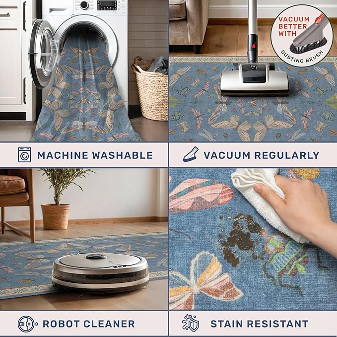 Hazo Haus Boho Non Slip Kitchen Rug Runner - 2x6 Blue Washable Rug for Bathroom, Laundry Room, Hallway, Non Slip with Rubber Backing, Insect Print Unique Runner