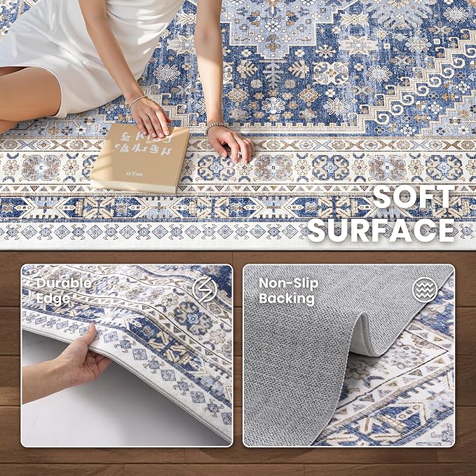 zesthome 4x6 Rug - Stain Resistant Washable Rug, Anti Slip Backing Rugs for Living Room, Foldable Vintage Small Area Rugs (Blue/Beige,4'x6')