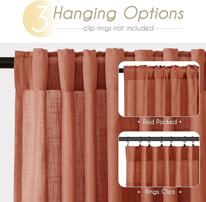 80 inch Linen Terracotta Curtains 2 Panels for Living Room Back Tab Light Filtering Semi Sheer Rust Colored Curtains 80 inches Long Soft Thick Cotton Cloth Textured Rustic Boho Farmhouse Room Decor