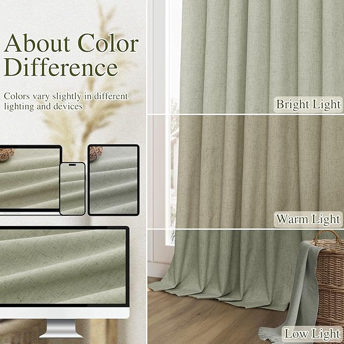 Sage Green 100% Blackout Linen Curtains 120 Inch Length 2 Panels Set for Living Room Bedroom Back Tab Thermal Insulated Black Out Drapes Room Darkening Farmhouse Style for Bedroom Window Curtains