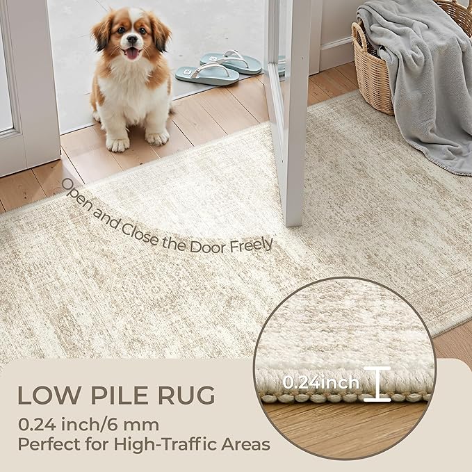3x16 Washable Runner Rug for Hallway, Non-Slip Long Hallway Runner for Entryway, Soft Vintage Kitchen Mats for Floor, Abstract Dining Room, Bedroom, Living Room Rugs(3'x16', Beige/Ivory)