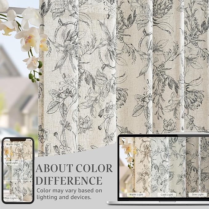 jinchan Floral Curtains 84 Inches Long Black Flower Linen Farmhouse Curtain for Living Room French Country Vintage Curtain Rod Pocket Curtains Set 2 Panels Balck Floral Printed