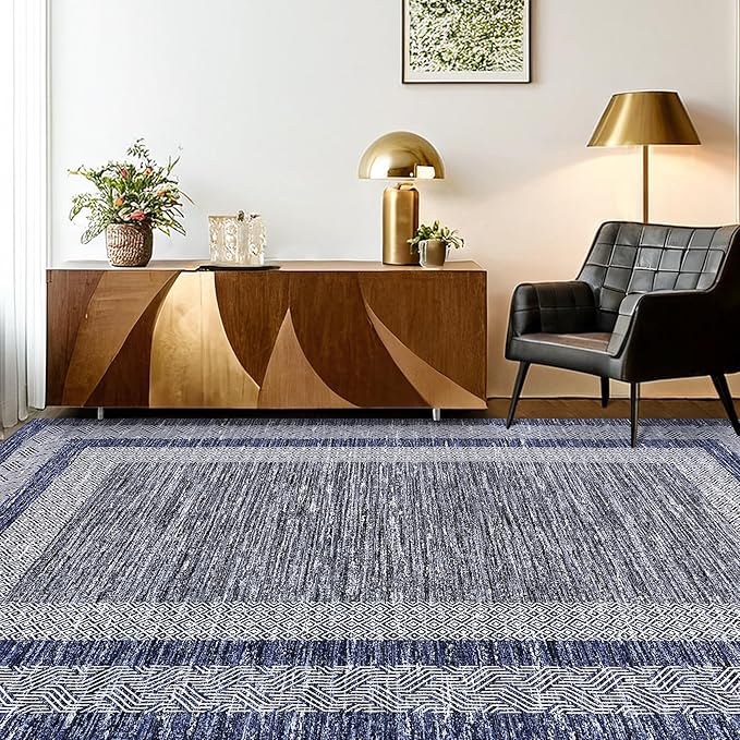 GarveeHome Small Bedroom Area Rug 3x5 Bordered Area Rug for Living Room Nursery Non Slip Kitchen Throw Carpet Low Pile Modern Rugs Washable Bathroom Mat Soft Blue Rugs for Laundry Entryway
