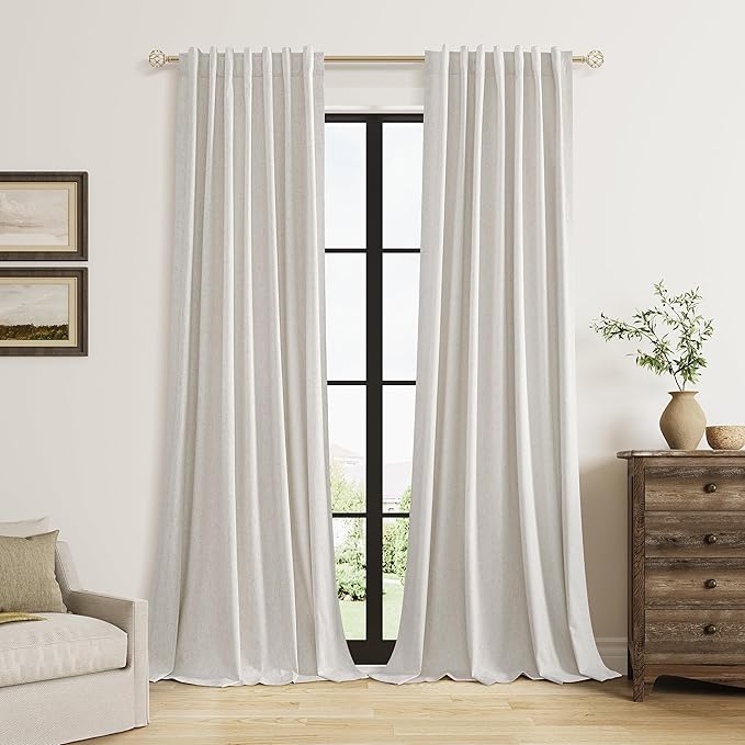 Guken Light Beige 100% Blackout Curtains 112 Inch Length 2 Panels Set Neutral Linen Farmhouse for Bedroom Back Tab Thermal Insulated Black Out Drapes Room Darkening Window Curtain 112 Inches Long