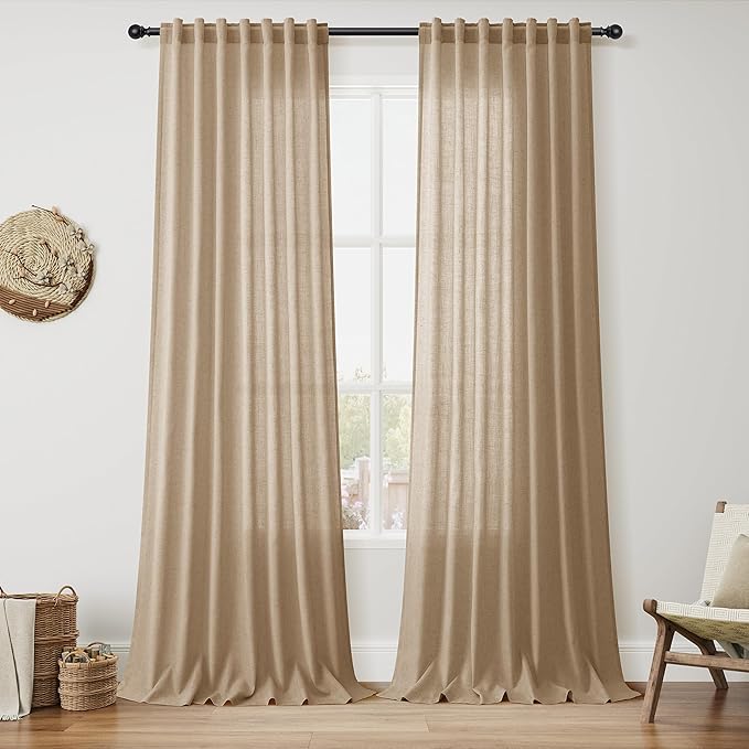 Sand Beige Linen Curtains for Living Room 100 Inches Long Simple Modern Light Filtering Semi Sheer Curtain Back Tab Rustic Farmhouse Luxury Home Decor Drapes for Bedroom Dinner Room 52x100, 2 Panels
