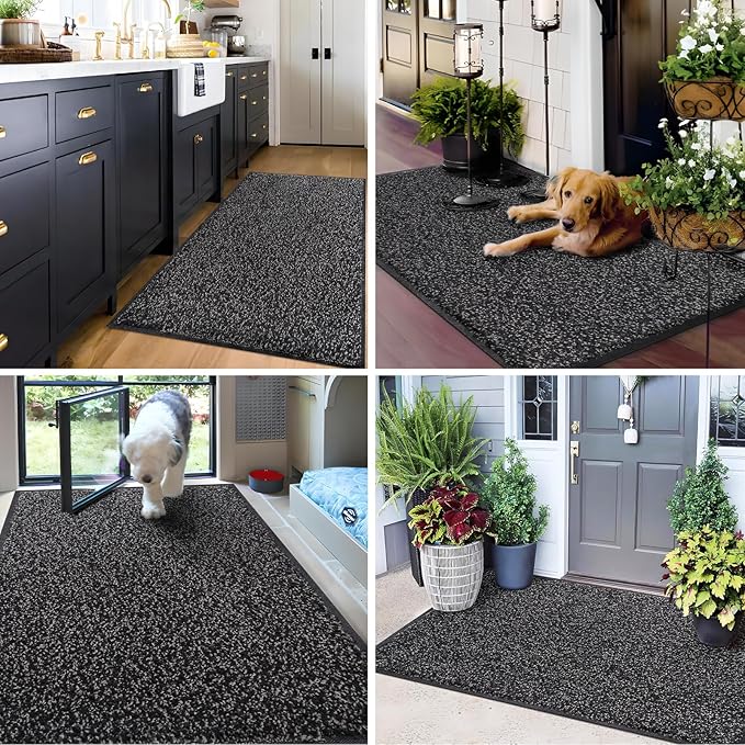 Mibao Front Door Mat, Dirt Trapper Welcome Mat for Outdoor Indoor, Non-Slip Waterproof Doormat, Durable Machine Washable Low Profile Entry Rug for Back Door Outside Patio Porch, 48" x 24", Black