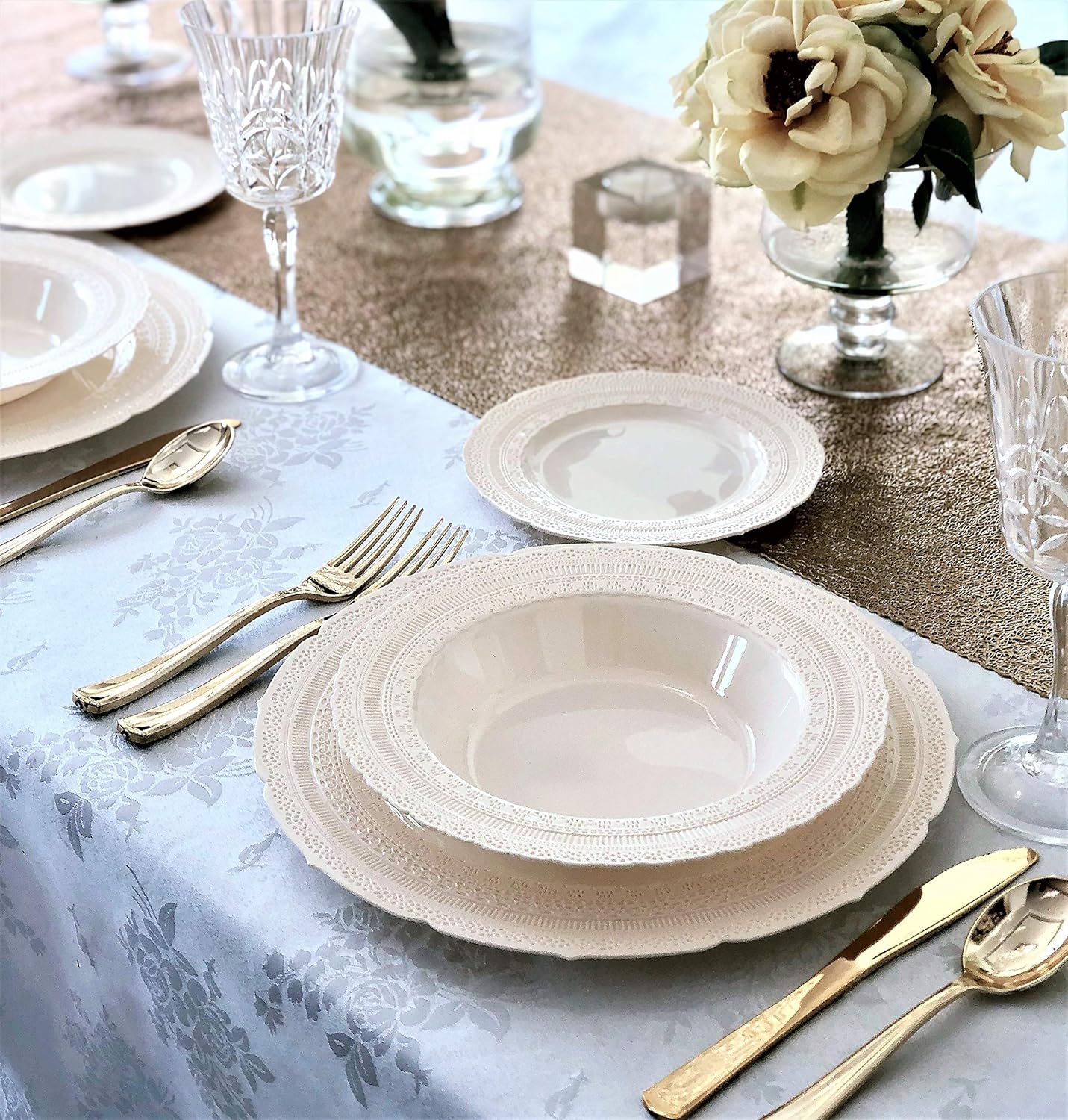 " OCCASIONS " 60 Piece Plates Pack, Extra Heavyweight Vintage Wedding Party Disposable Bowls (14oz Soup Bowl, Chateau in Ivory)