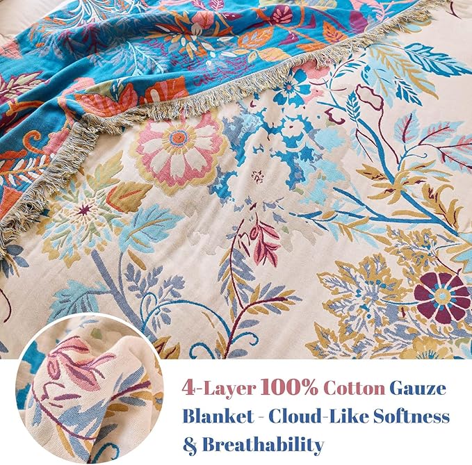 MSGKV Boho Throw Blanket for Bed Cotton 60"x80" Floral Blanket Twin Size Couch All Seasons Muslin Spring Breathable Lightweight Farmhouse Blankets