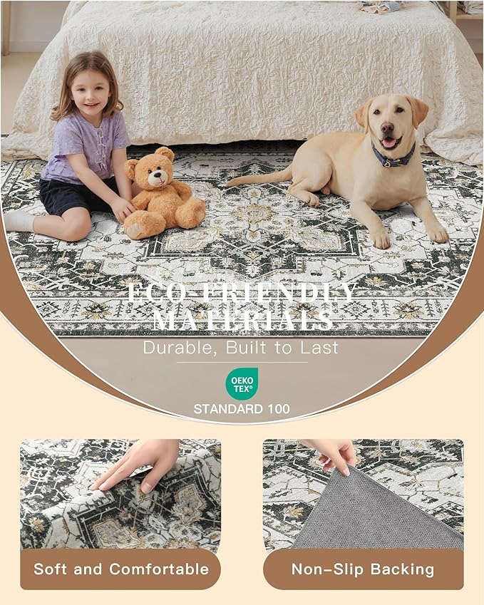 Madane Area Rug 3x5, Entryway Washable Vintage Runners Bedroom Non Slip Indoor Kitchen Runner for Living Room Laundry Room Playroom Soft Non-Slip Area Rugs, Black