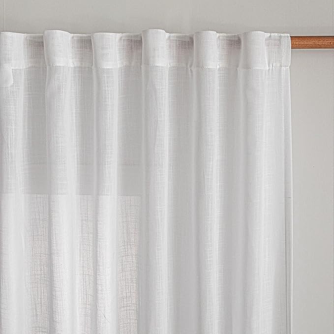 MYSKY HOME Patio White Curtains for Sliding Door 90 inch Length 2 Panels Set, Living Room Curtains & Drapes Soft Cotton Farmhouse Window Treatments Linen Look Semi Sheer Draperies, 50" W x 90" L