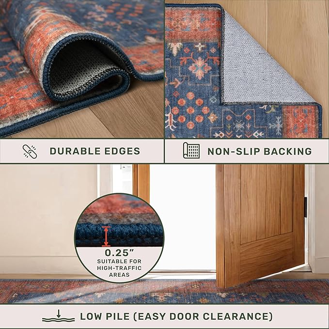 Hazo Haus Navy Blue Runner Rug 2x6 for Kitchen, Hallway, Mudroom, Laundry Room, Bathroom, Washable Non Slip Non Skid Rubber Backing Low Pile Stain Resistance