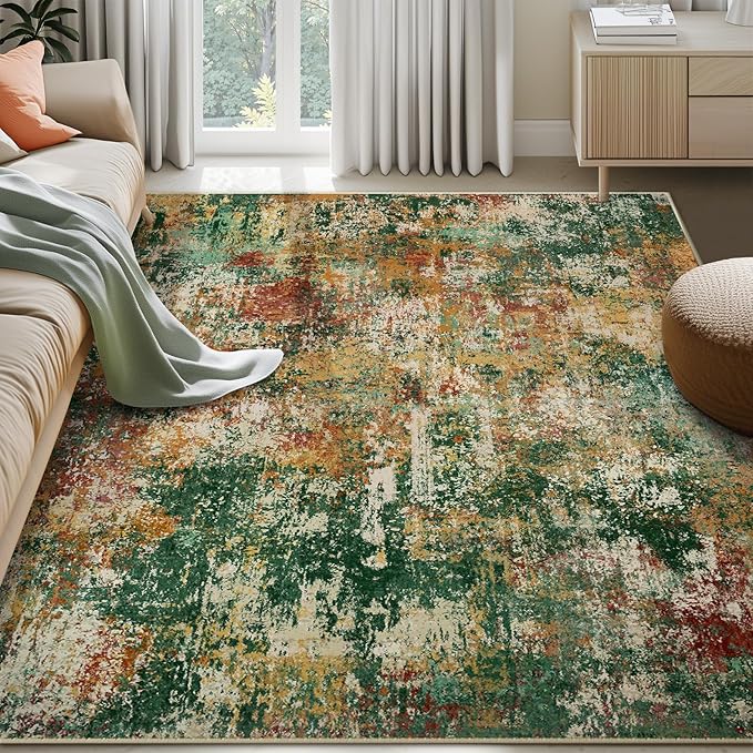 Washable Area Rugs 5'x8' Non-Slip Modern Abstract Soft for Living Room Entryway Bedroom Nursery, Print Pattern, Green Orange Rust Red Cream Colorful
