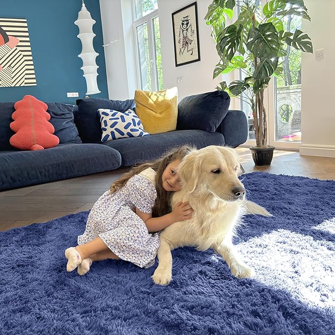 OLANLY 2x4 Machine Washable Runner Rugs for Hallway, Soft Fluffy Shaggy Bedside Rugs for Bedroom, Living Room, Indoor Floor Carpet for Kids Girls and Boys, Home Decor Aesthetic, Denim Blue