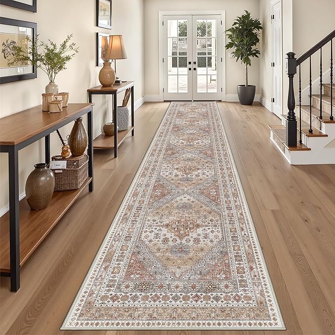 3x16 Runner Rug for Hallway, Non-Slip Long Kitchen Mats for Floor, Vintage Washable Rug for Entryway, Soft Hallway Runner for Dining Room, Bedroom, Living Room(Orange,3'x16')