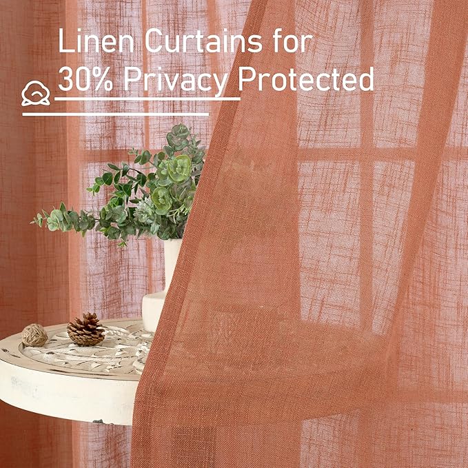 LAMIT Semi Sheer Linen Curtains for Living Room, Back Tab and Rod Pocket Terracotta Curtains Light Filtering Country Rustic Neutral Drapes for Bedroom/Farmhouse, 2 Panels, 52 x 102 Inch