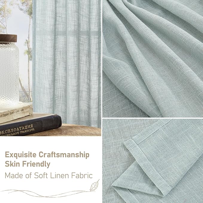 LAMIT Living Room Linen Curtains 90 Inch for Bedroom, Bronze Grommet Linen Textured Sheer Curtains Light Filtering Burlap Drapes for Farmhouse, 2 Panels, 52 x 90 Inch, Greyish Blue