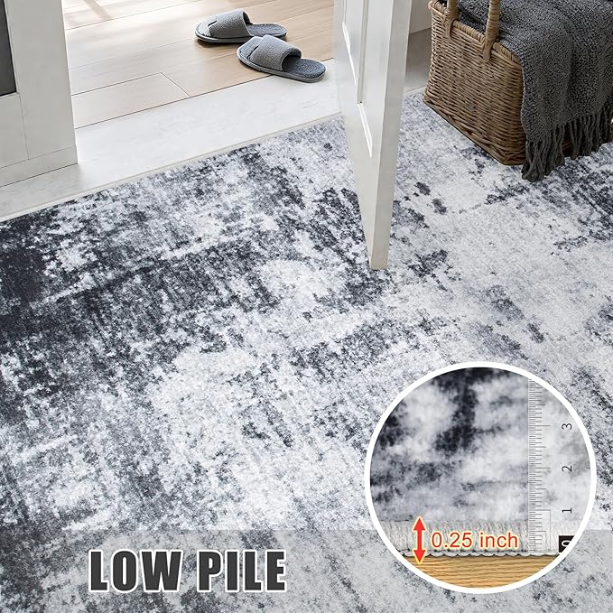 8x10 Area Rug Living Room Rug: Washable Modern Abstract Soft Thin Rug Indoor Floor No Slip Stain Resistant Carpet for Bedroom Dining Room Farmhouse Nursery Home Office - Dark Black