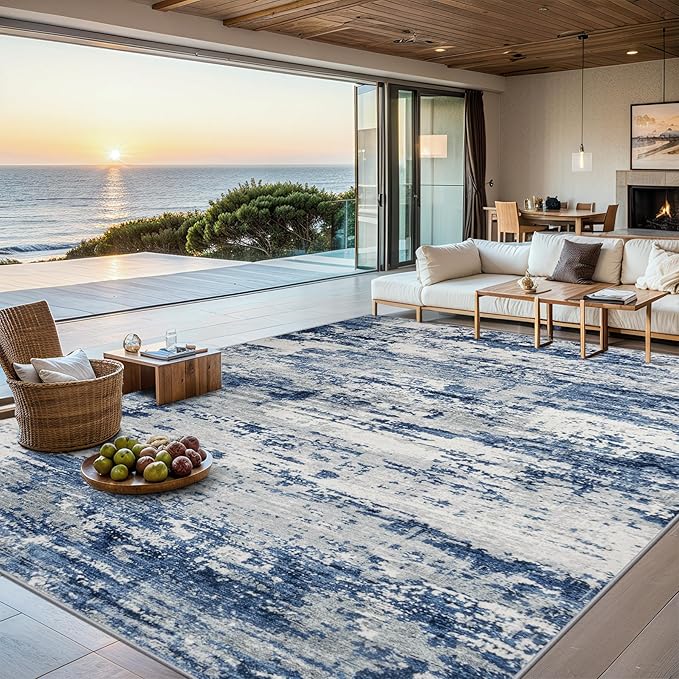 Area Rugs 9x12 Living Room - Washable Rug Modern Abstract Soft Large Neutral Non-Slip Carpet Indoor Floor Thin Carpets for Bedroom Dining Room Farmhouse Nursery Home Office Blue Gray