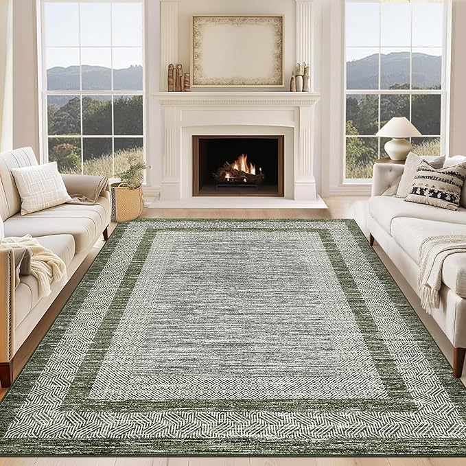 GarveeHome 9x12 Large Modern Green Area Rug Distressed Bordered Rug Soft Non Shedding Floor Carpet, Geometric Rug, Washable Non Slip Rug, Low Pile Indoor Area Rug for Living Room, Bedroom