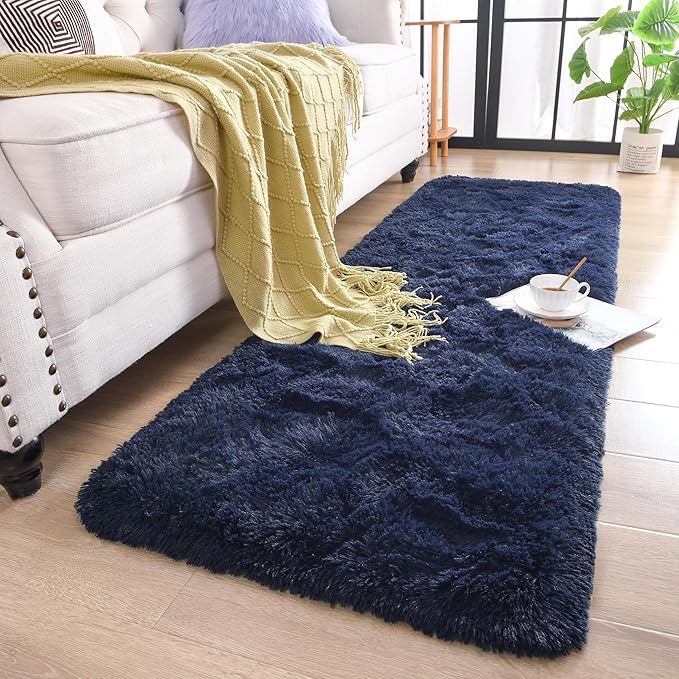 Chicrug Soft Runner Rug for Bedroom Living Room Plush Fluffy Rug 2x8 Feet, Shag Furry Runner Carpet Non Shedding for Nursery Children Kids Girls Room Home Decorative, Navy Blue