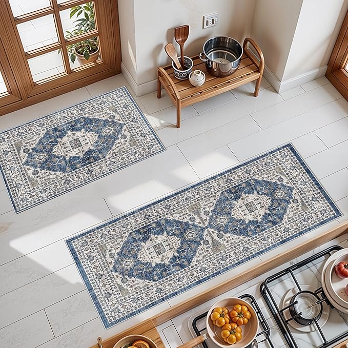 Kitchen Sink Rugs Set 0f 2: Washable Non-Slip Hardwood Floor Mat for Stove Dishwasher Fronts Soft Stain Resistant Carpet for Cooking Area & Fridge Boho Home Decor for High Traffic Area(2x3+2x4,Blue)