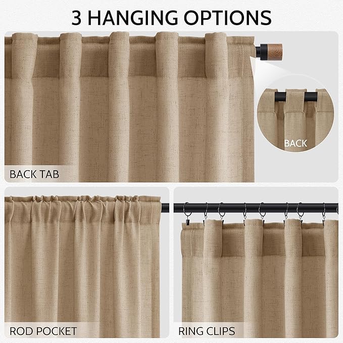 Nanspring Sand Beige Curtains 108 Inches Long for Living Room Linen Burlap Simple Modern Luxury Curtains Back Tab Floor to Ceiling High Window Sheer Curtain for Bedroom Office 52x108, 2 Panels