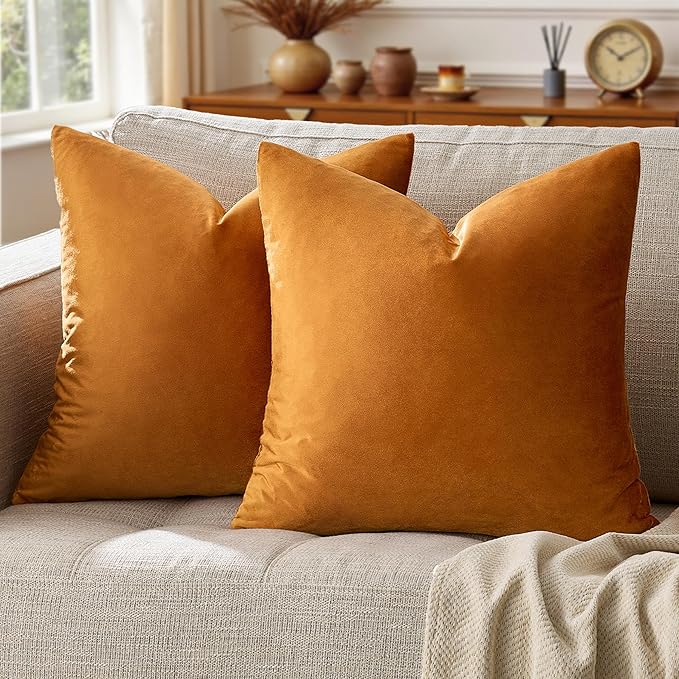 GIGIZAZA Decorative Throw Pillow Covers 16x16,Set of 2 Burnt Orange Square Couch Pillow Covers,Velvet Sofa Boho Cushion Pillows
