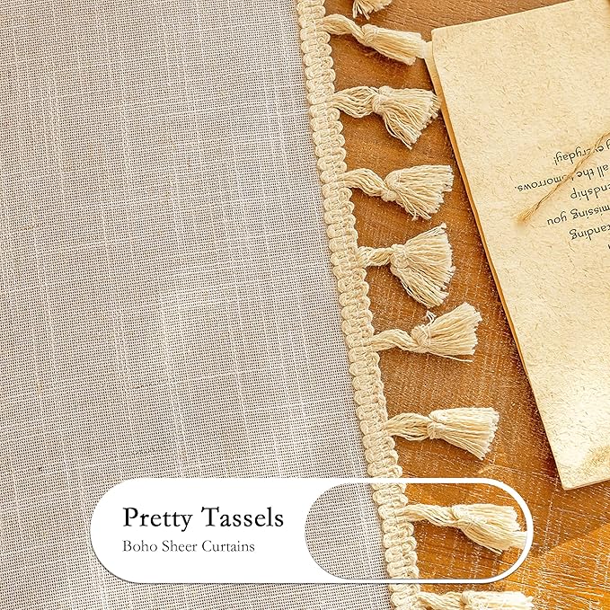 MYSKY HOME Natural Boho Sheer Curtains with Macrame 63 Inches Length for Short Window Treatment, Back Tab Design Light Filtering Privacy Drapes Farmhouse Home Decor，50" W×63" L, Natural，2 Panels