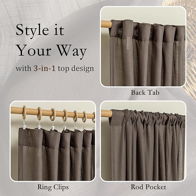 MYSKY HOME Patio Curtains for Sliding Door 90 inch Length 2 Panels Set, Living Room Curtains & Drapes Soft Farmhouse Window Treatments Back Tab Semi Sheer Draperies, 50" W x 90" L, Dark Brown