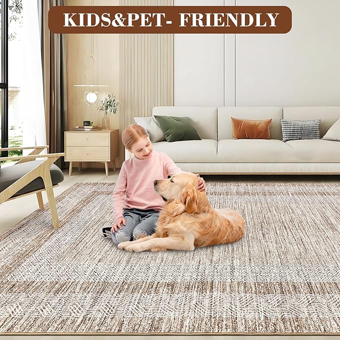 GarveeHome 9x12 Large Modern Brown Area Rug Distressed Bordered Rug Soft Non Shedding Floor Carpet, Geometric Rug, Washable Non Slip Rug, Low Pile Indoor Area Rug for Living Room, Bedroom