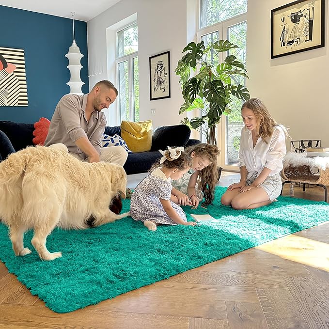 OLANLY 3x5 Machine Washable Small Bedside Rug, Soft Fluffy Shaggy Rugs for Living Room, Bedroom, Indoor Floor Carpet for Kids Girls and Boys, Preppy Dorms, Nursery, Home Decor Aesthetic, Teal Green